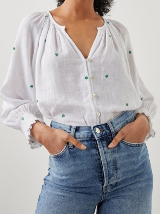 Rails Tops - Rails Mariah Green Daisy Embroidered Linen Blouse, Size Medium